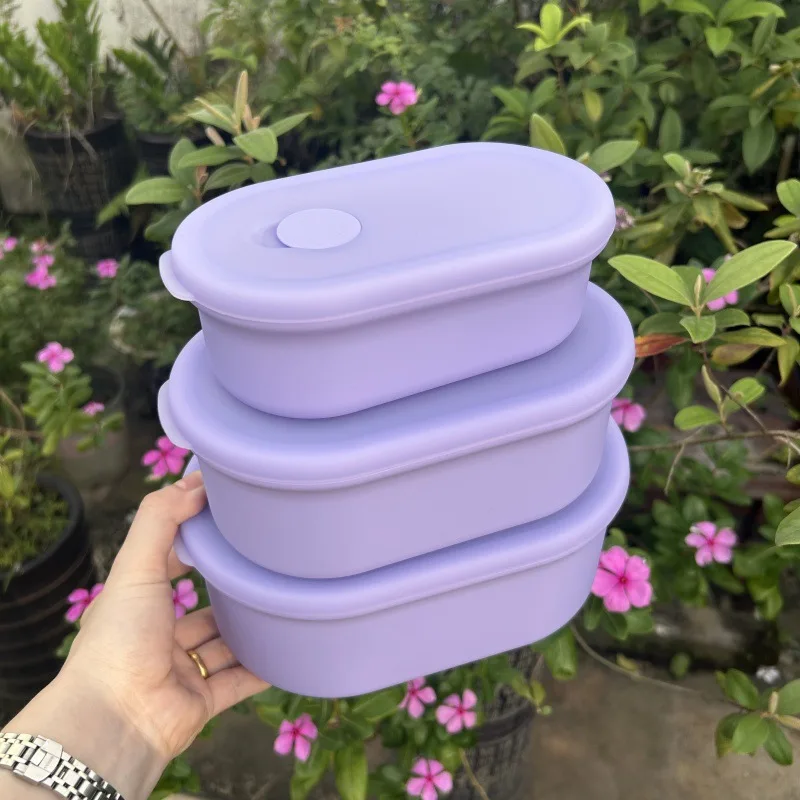 

Purple strawberry color 400ml900ml1500ml Microwaveable food-grade silicone oval crisper for bringing meals to work