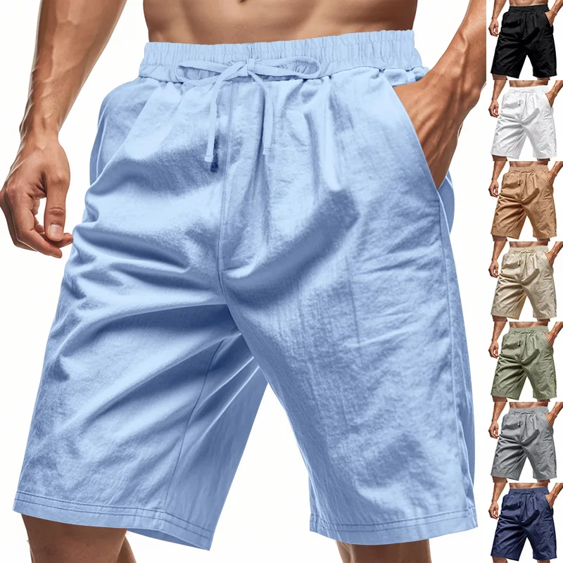 Summer Men's Flax Casual Lace-Up Elastic Waist Quick-Drying Beach Pants Loose Fit Exercise Fitness Shorts