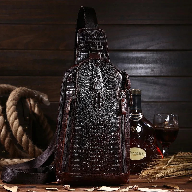 

Nesitu High Quality Vintage Coffee Crocodile Grain Genuine Leather Women Men Chest Messenger Bag Cowhide Phone Purse M1033