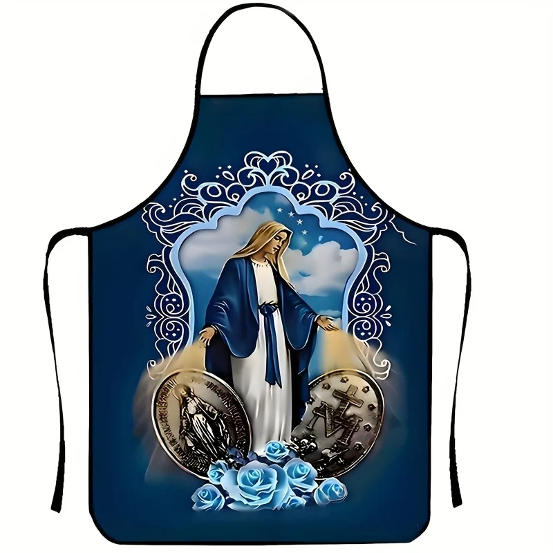 1pc Blue Holy Mary Pattern Kitchen Apron, Cooking Apron, Comfortable Waist Design, Suitable For Cooking And Housework, Religious