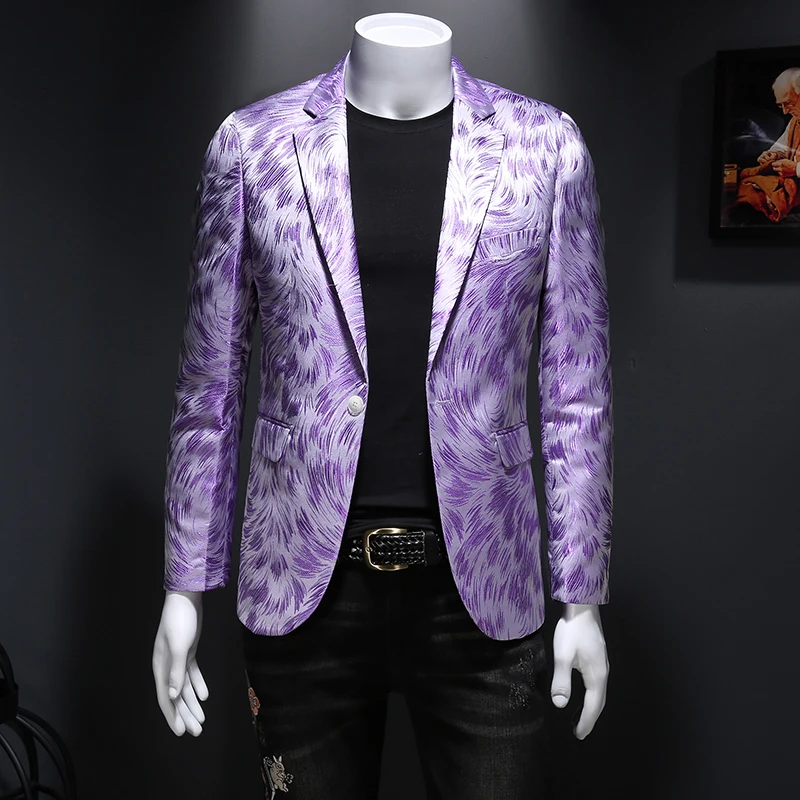 Plus Size 6XL-M Luxury Men Jacquard Slim Fit Blazer Stage Performance Metal Gold Yarn Casual Suit Jacket Formal Stage Costumes