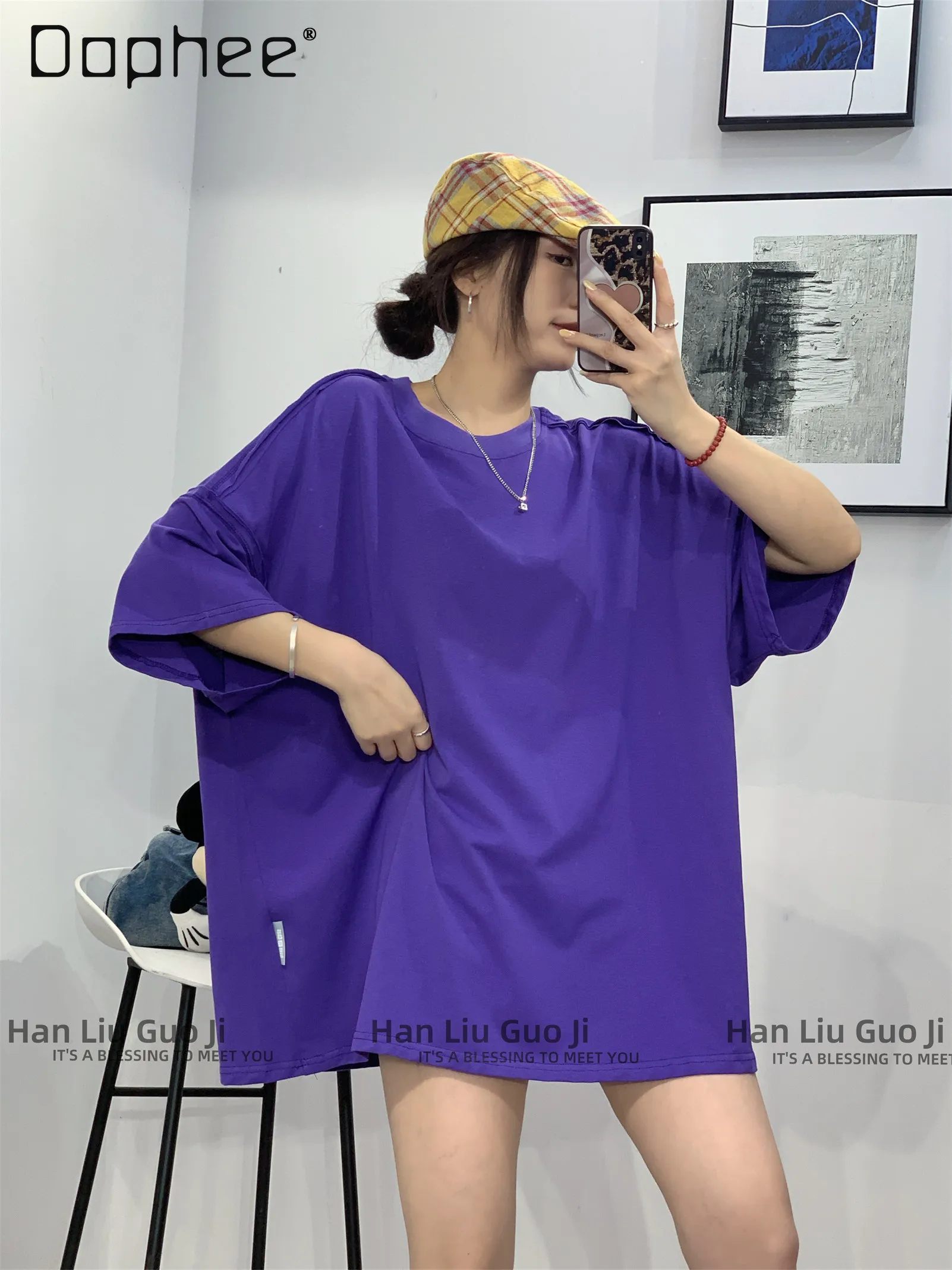 

Oversized Solid Color T-shirt 2026 New European Short-sleeved T-shirt Women's Summer Loose Medium and Long Cotton Breathable Top