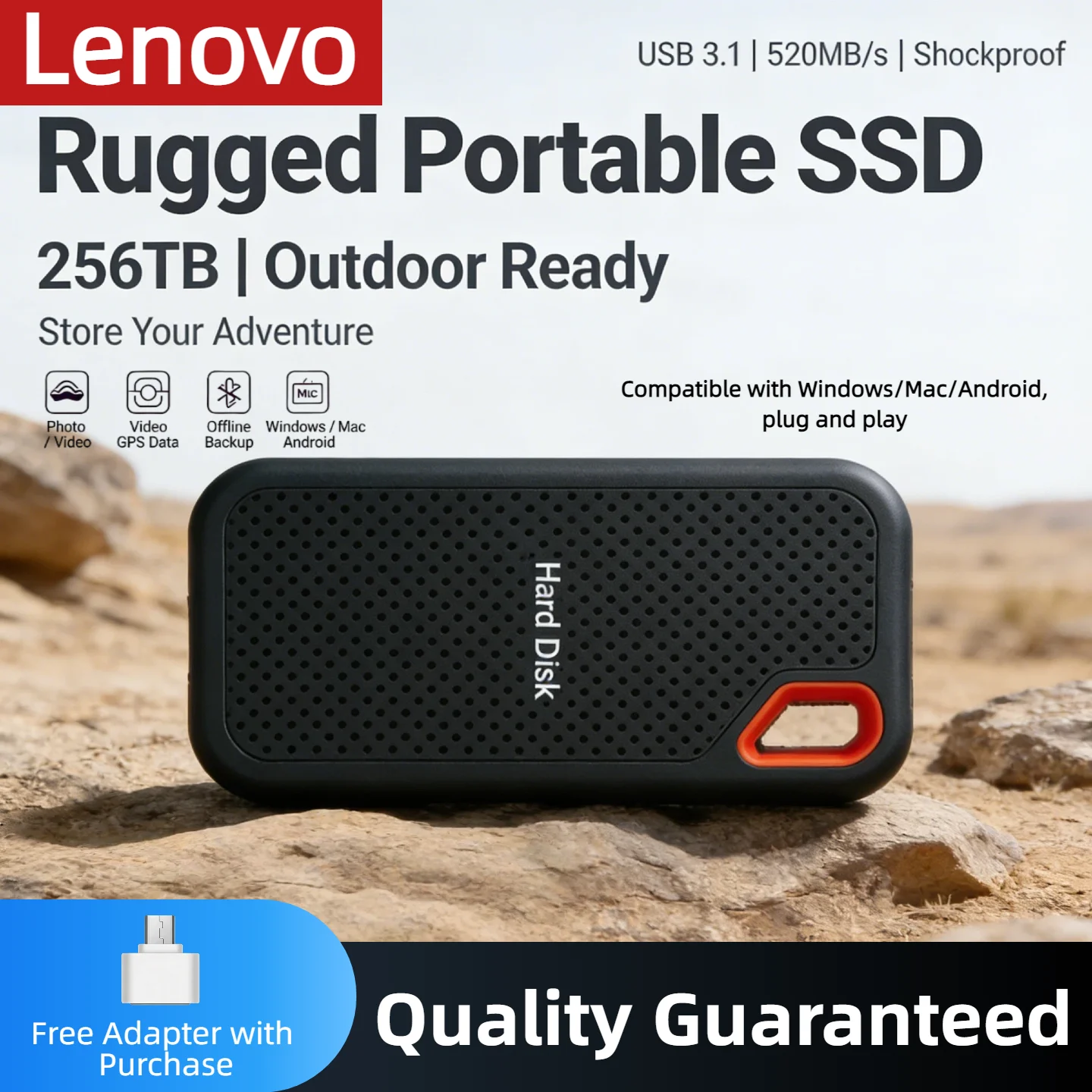 

Оригинальный портативный внешний жесткий диск Lenovo E61 2 ТБ, USB 3.1, высокоскоростное мобильное хранилище данных для ноутбуков, консолей PS5, ПК, резервное копирование данных