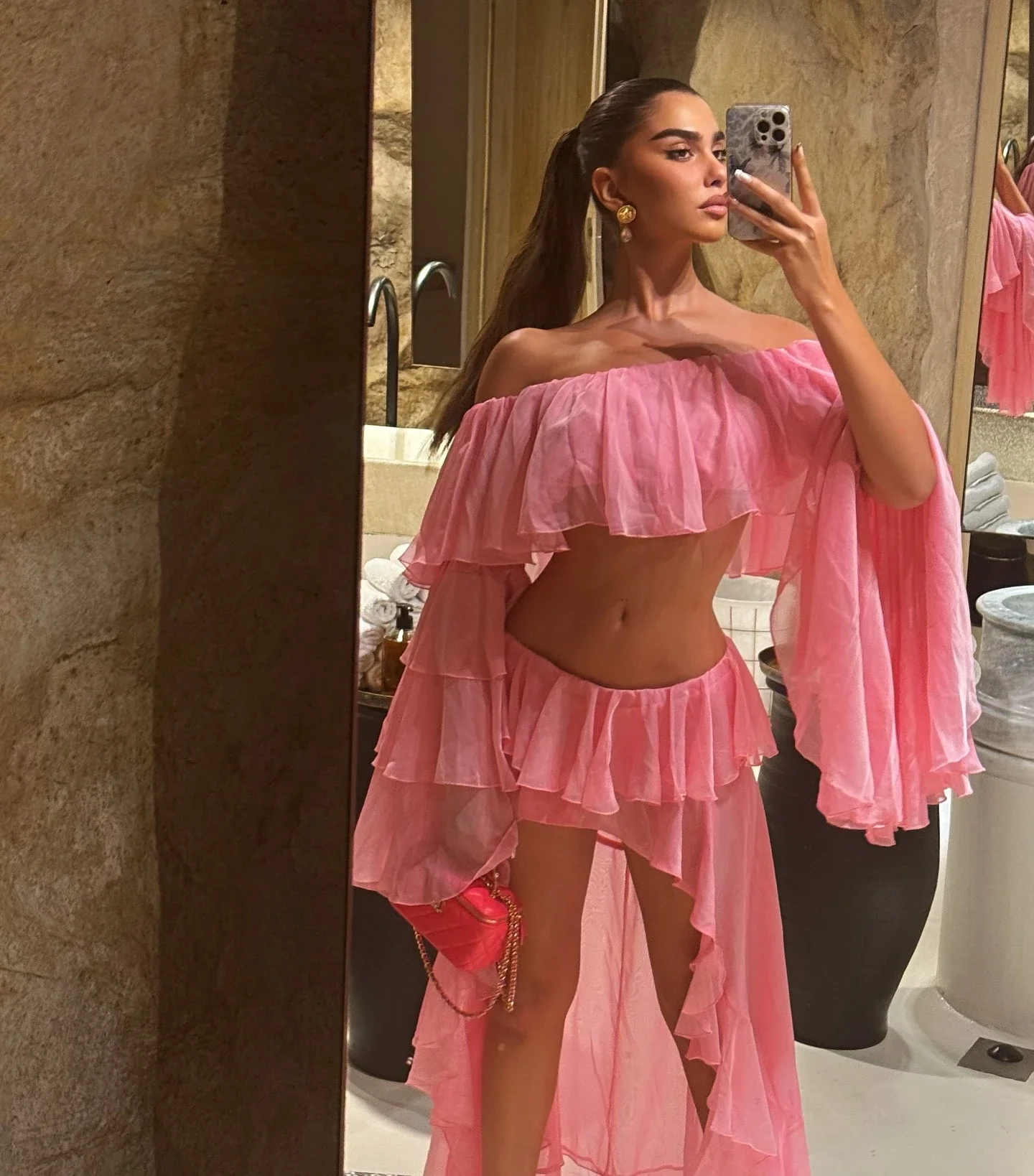 Roze Off-shoulder Vlinder Mouw Vintage Effen Zomerjurk Dames Top en Rokken Strandvakantie Dames Sets Hi-Low Ruche Tule