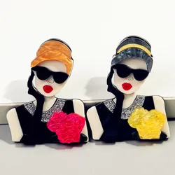 Vintage Rose Flower Lady Acrylic Brooches Pins for Women Cartoon Sunglasses Female Figure Brooch Badges Jewelry Accessories