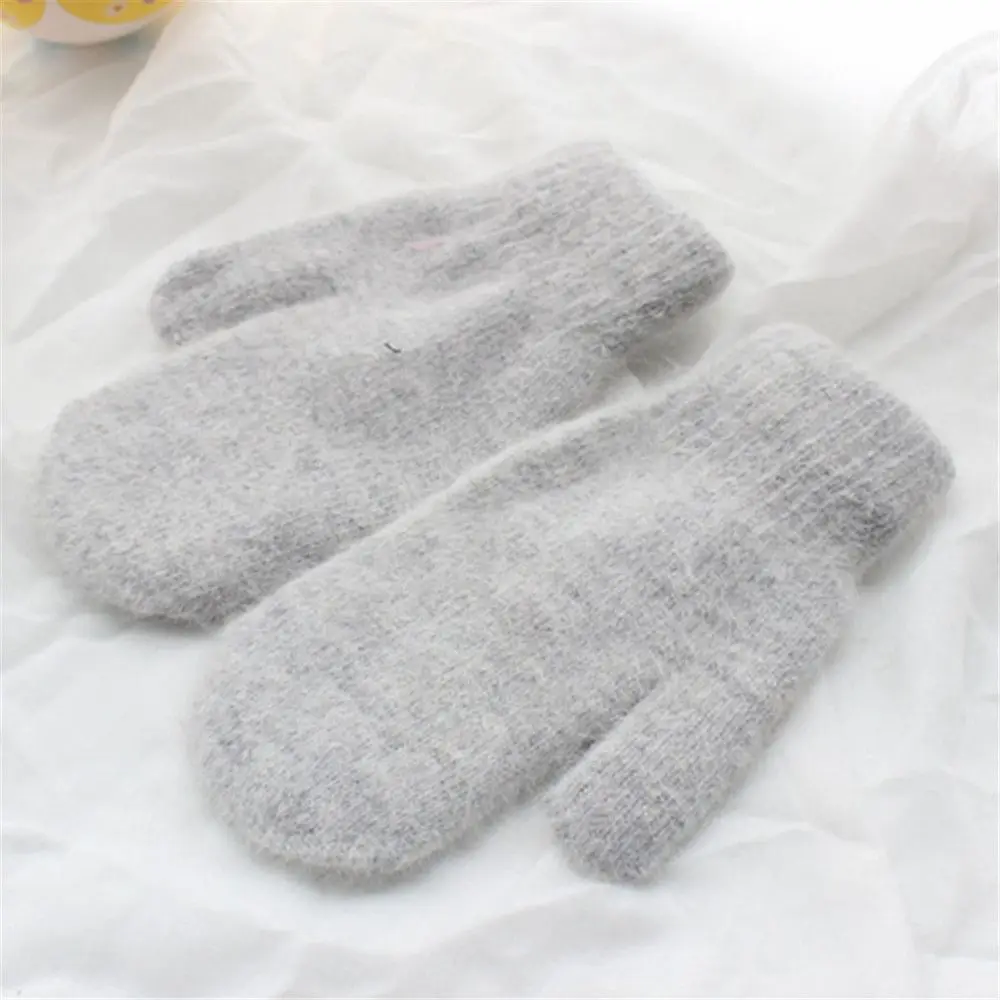 Double-layer Rabbit Hair Gloves Female Winter Korean Version of Solid Color All Fingers Winter Women Gloves Girls Mittens