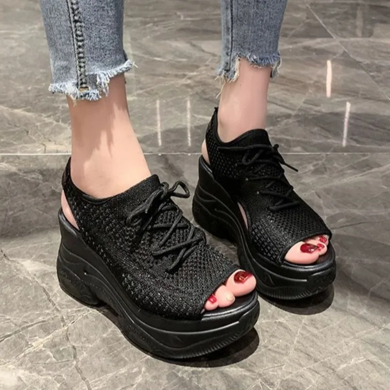 

Women's Breathable Fabric Sandals Platform High Heel Wedge Sole Summer New Beach Viral Trendy Fashion Comfortable Footwear