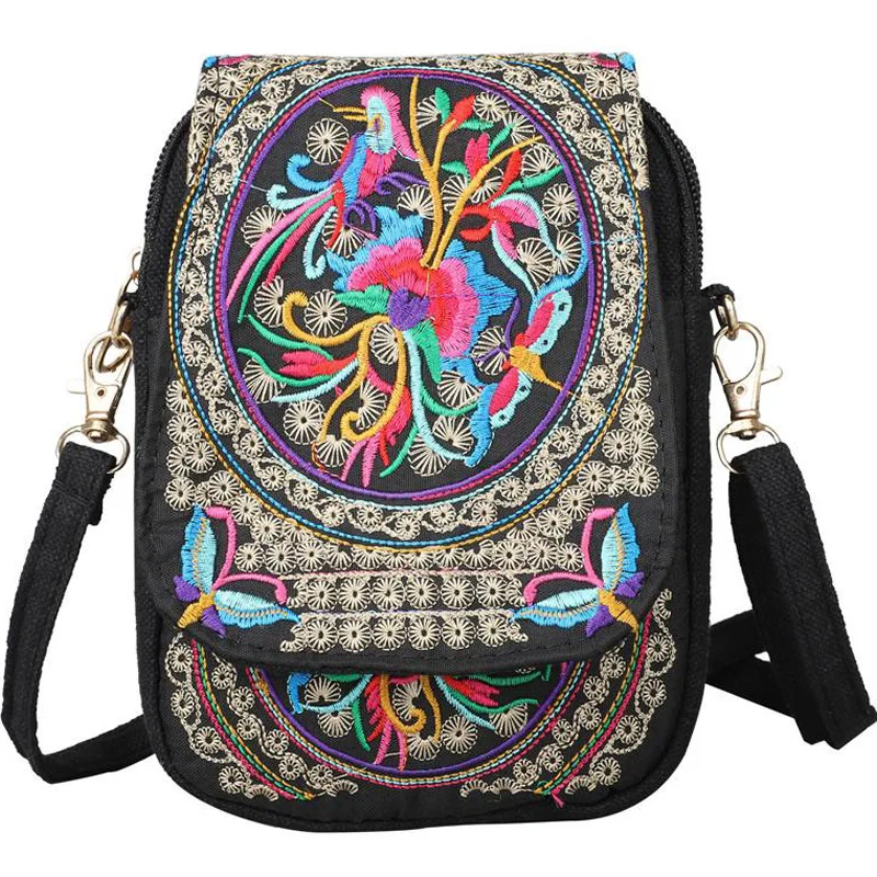 Stylish Women's Embroidered Crossbody Phone Bag with Zipper - Small Canvas Shoulder Bag for Everyday Use