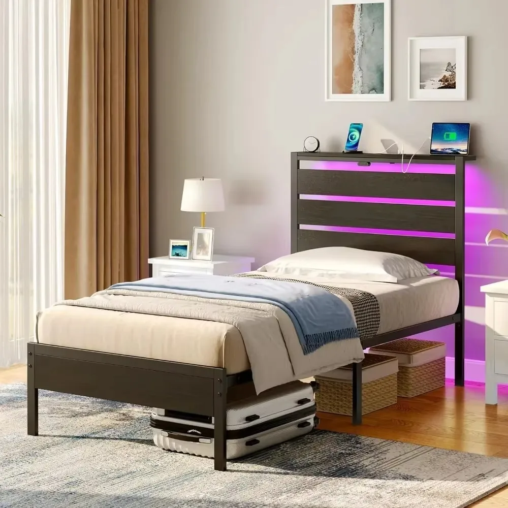 

Full-size bed frame, USB charging, wooden storage headboard, black metal platform bed, under-bed storage