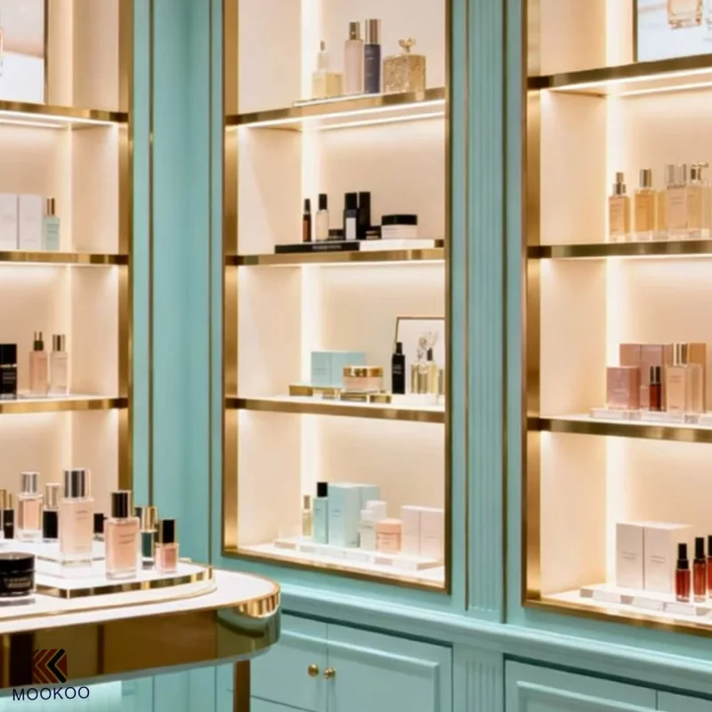 custom.MOOKOO Custom High-End Cosmetic Display Cabinets & Wood Shelving Racks Modern Beauty Shop Makeup Store Layout Design