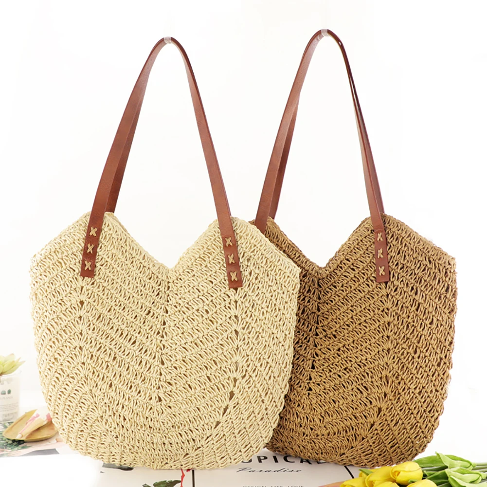 Bolsa feminina de palha tecida à mão, bolsa de ombro, bolsa de praia, casual, para viagens