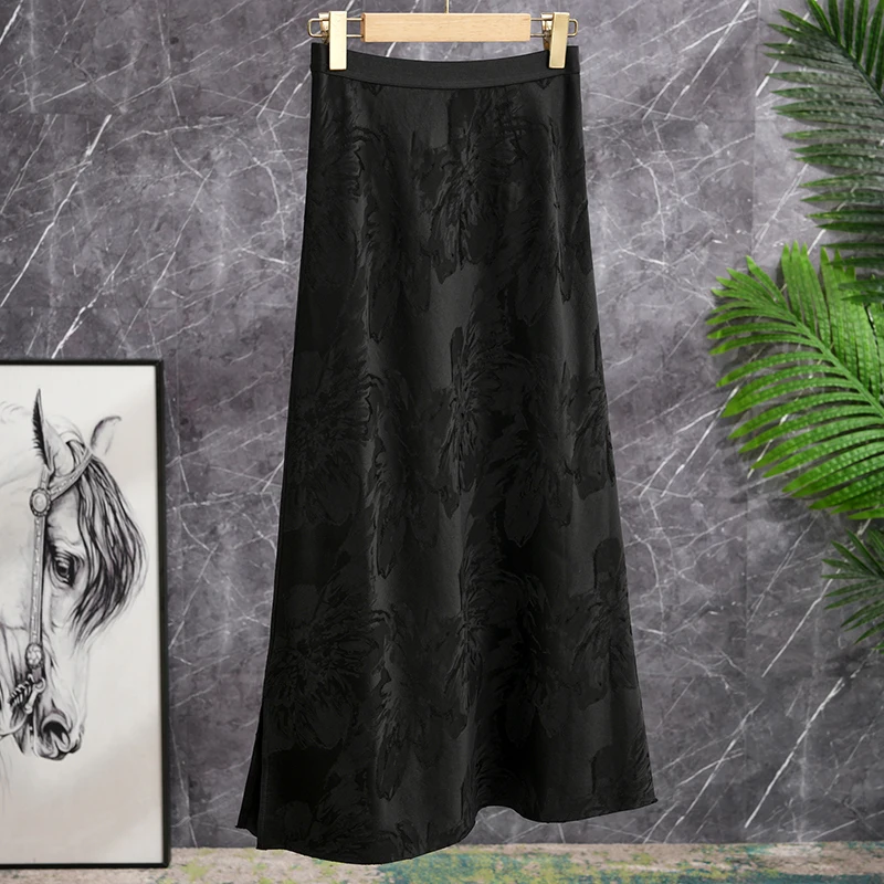 

Новая атласная юбка А-силуэта в китайском стиле с высокой талией, длинная, с драпировкой, эффектом «второй кожи», тисненым цветочным узором, для офиса, миди