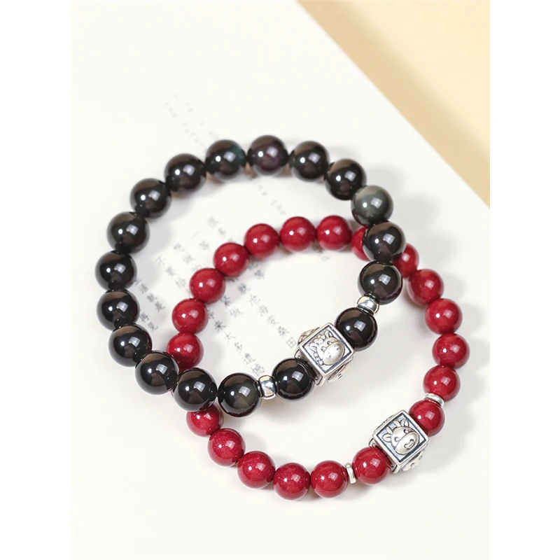 Year of Snake Obsidian Zodiac Three-Bracelet with Silver Fortune Beads Men and Women view 3