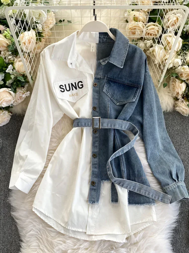 Spring Autumn Women\'s Denim Shirt Color Contrast Patchwork Lace Up Blouse Shows Thin Versatile Top Fashion GD596