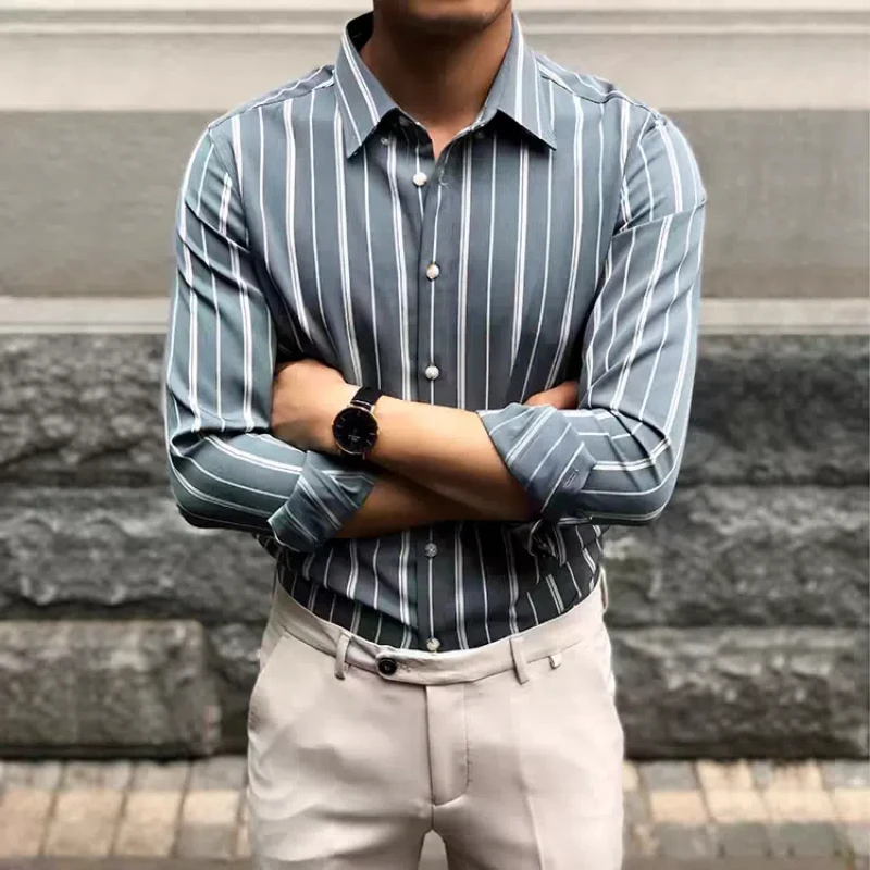 

Полосатые весенне-осенние рубашки высокого класса с длинными рукавами, тонкие модные повседневные элитные рубашки, мужские деловые рубашки против морщин, без глажки