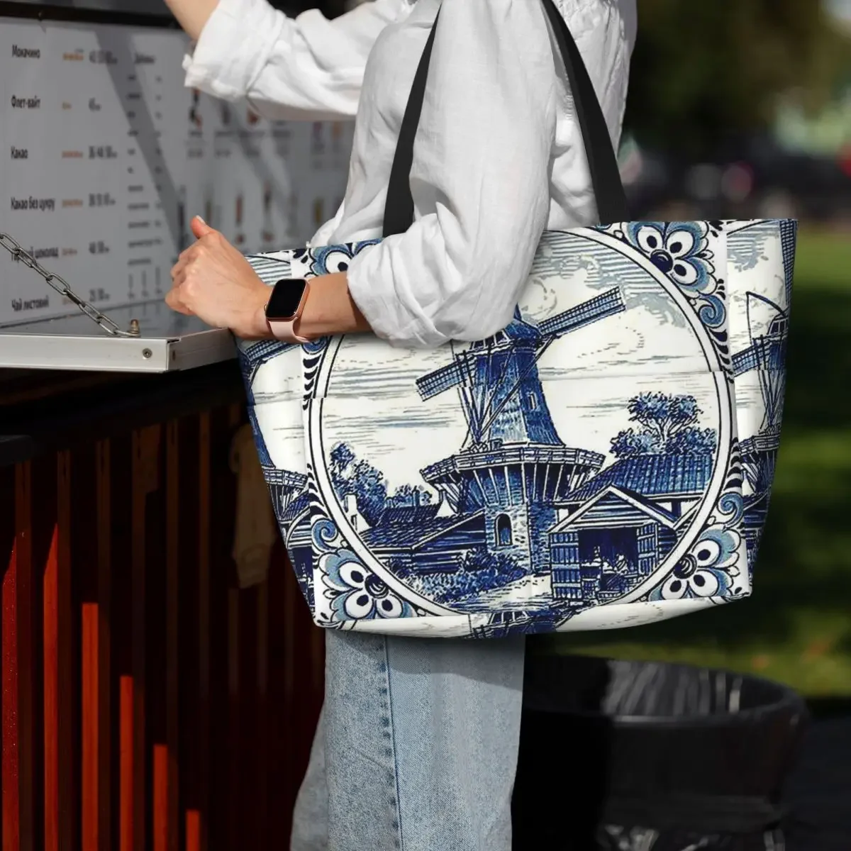 

Dutch Blue Delft Vintage Windmill Print Beach Tote Bag Sport Gym Yoga Duffle Large Tote Bag Women Travel Bag Fitness bag