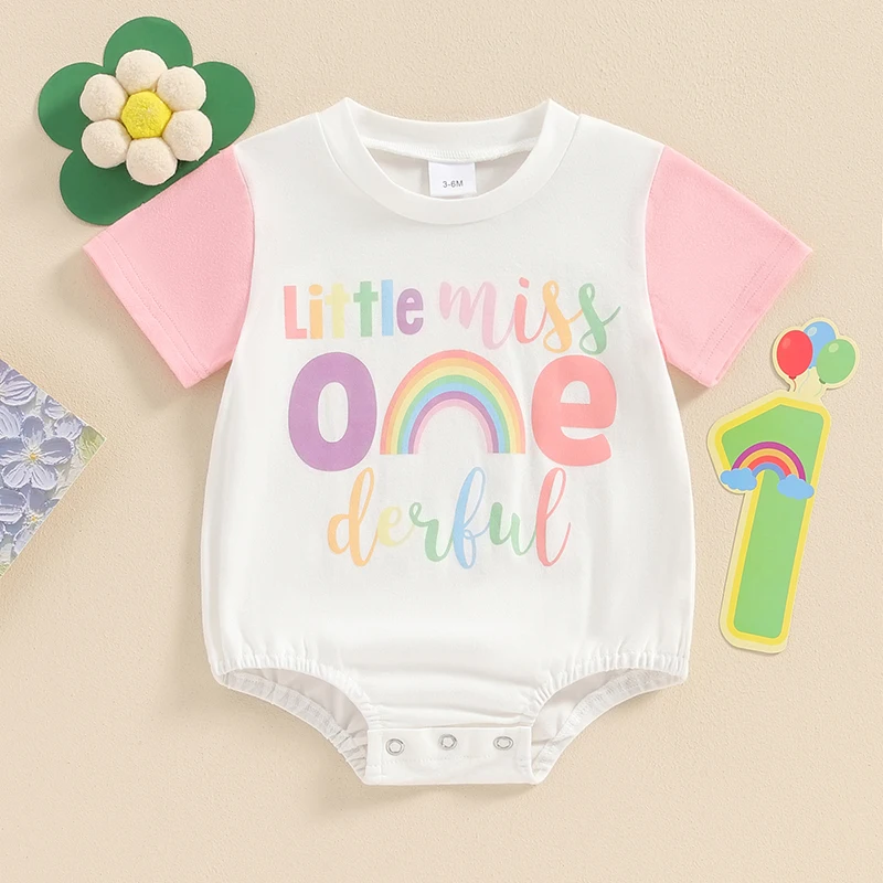 

2024-03-18 Lioraitiin 6-18M Baby Girls Summer Casual Romper Short Sleeve Crewneck Letter Rainbow Print Romper