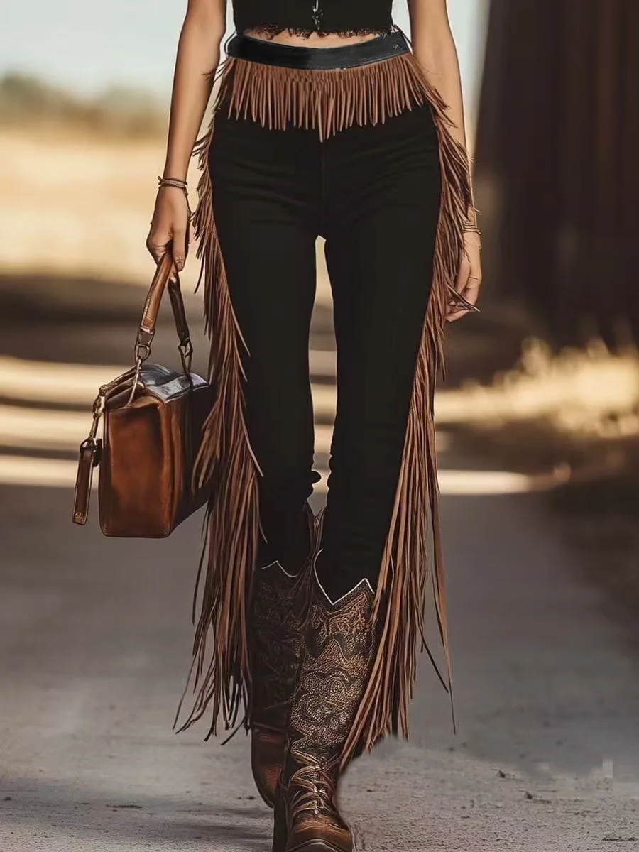 Women Black High Waist Skinny Jeans Brown Long Fringe Tassel Sides Western Cowgirl Denim Pants Country Concert Outfit