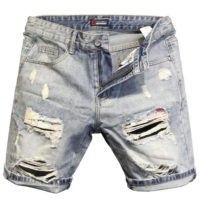 الأصلي صيف جديد الأزرق القط ويسكي التصحيح ضئيلة الدنيم السراويل الرجال العصرية الأزياء خمس نقاط السراويل ممزق هول رجل جينس قصير