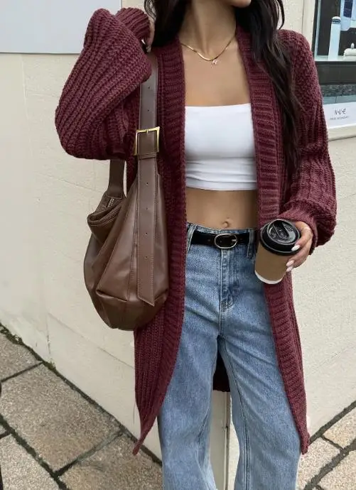 Autunno e inverno 2025 Tinta unita Moda Y2K Spicy Girl Cappotto cardigan lavorato a maglia in lana Cappotto lavorato a maglia allentato con maniche a lanterna da donna