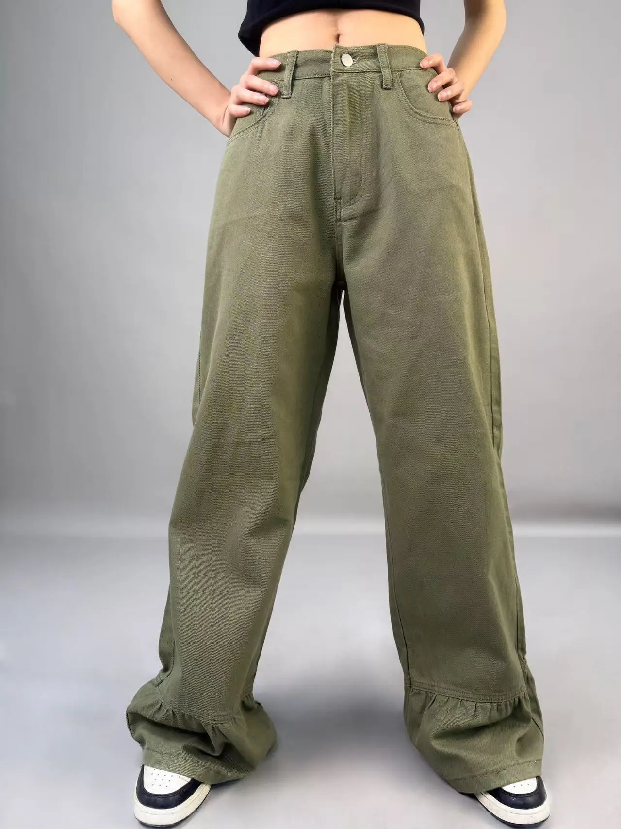 

American retro straight leg wide leg pants for women with pleated ankle design for casual and versatile wear