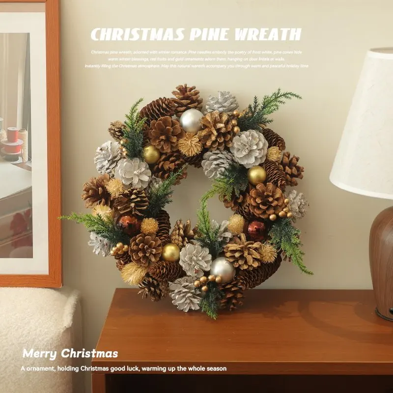 Vintage Natural Pinecone Rattan Wreath Luminous Christmas Ornament To Build Warm Home Holiday Atmosphere