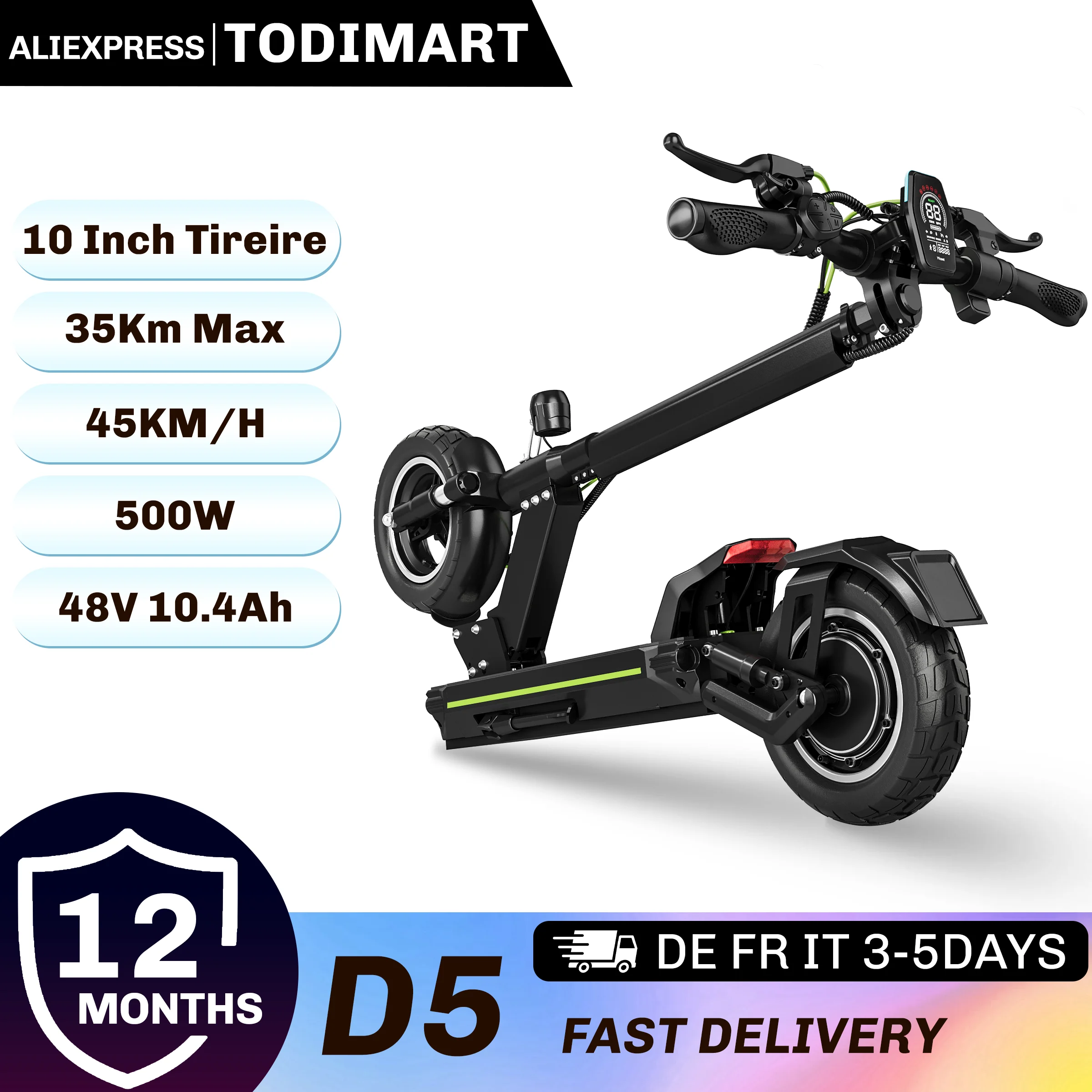 Trottinette électrique pour adultes TODIMART D5 avec application, moteur de 800 W de puissance maximale, 48 V 10,4 Ah, freins à disque doubles, autonomie de 30 à 35 km, trottinette électrique pliable