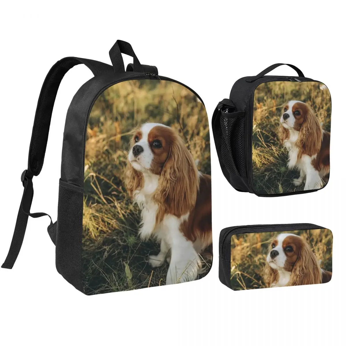 

Custom Cavalier King Charles Spaniel Square Backpack BookBag School Bag Shoulder Bags 3ps Insulated Lunch Bag Pencil Case