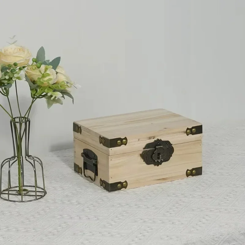 Vintage Rectangular Wooden Box Classic Multifunctional Storage Cabinet with Lock, Used for Decoration and Old Wooden Boxes