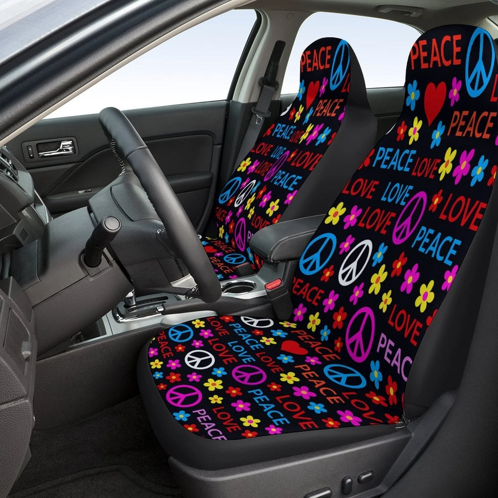 Peace Love Flowers Designed Car Seat Cover Set For Most Cars, High-quality Comfortable Car Seat Protector Covers Full Set, Unive
