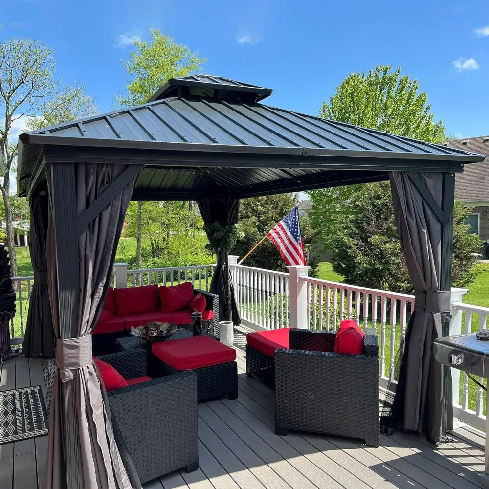 

Gazebos Domi Hardtop 10x12FT, алюминиевая металлическая беседка с двойным навесом из оцинкованной стали, занавеской и сеткой, постоянный газ