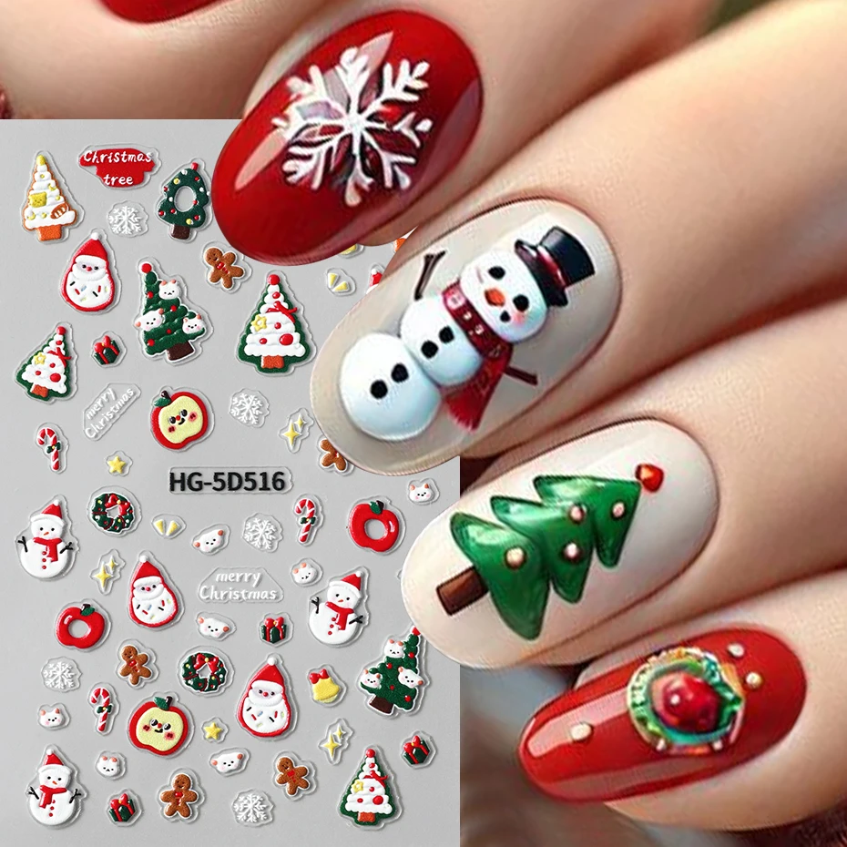 5D Reliëf Cartoon Kerstbomen Sneeuwbloemen Nail Sliders Kerst Huis Sneeuwpop Bedels voor Nail Kerstvakantie Nail Deco