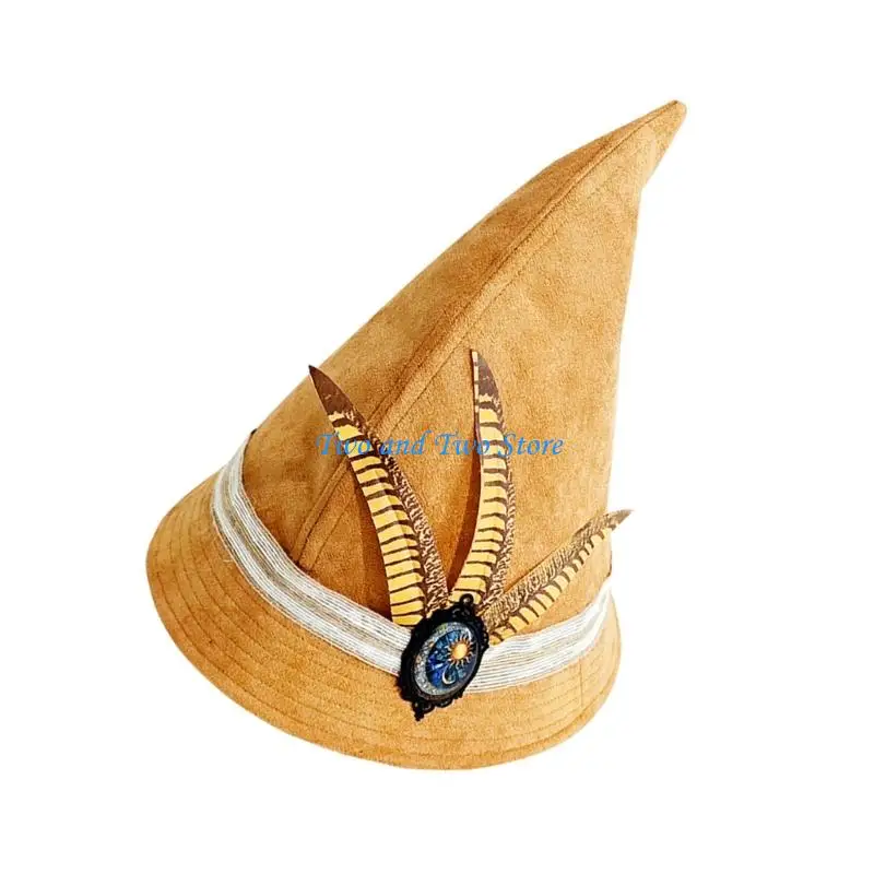 HX6F Dramatyczny spiczasty kapelusz czarodzieja z pluszowymi detalami z piór Praktyczny kapelusz poliestrowy odpowiedni na