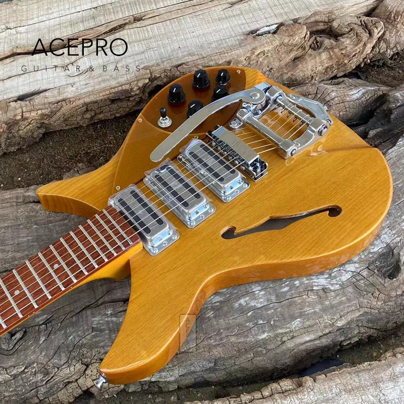 325 F-hole Semi Hollow Body Electric Guitar, Light Yellow Alder Body, Tremolo Bridge, Three Pickups, 20 3/4 Scale, Guitarras