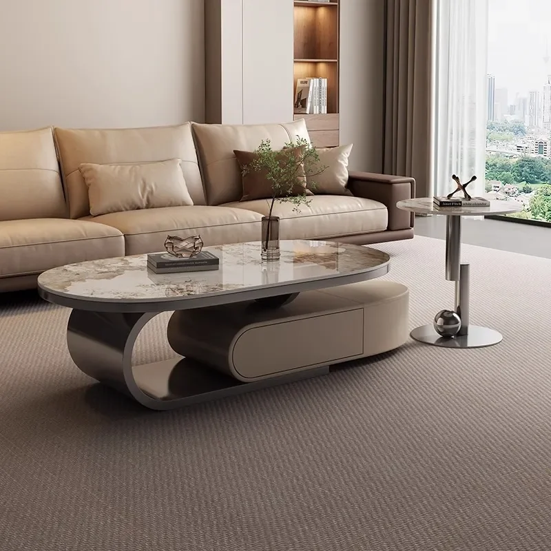 Oval Sintered Stone Coffee Table with Storage Modern Minimalist Living Room Furniture for Small Apartment Home Decor