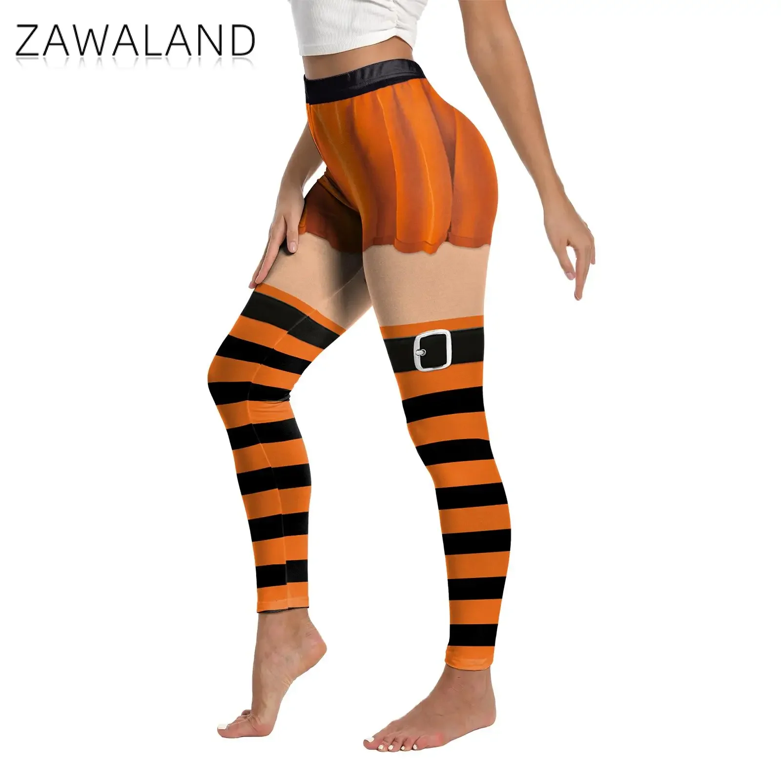 Zawaland اليقطين مخطط نمط هالوين طماق للنساء البرتقال تأثيري السراويل منتصف الخصر مطاطا اليوغا السراويل الجوارب الطرف