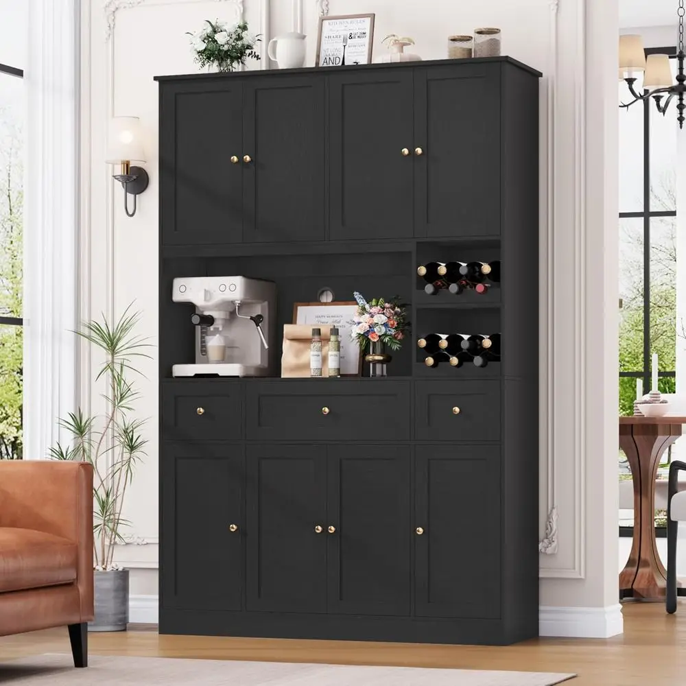 

Высокий кухонный шкаф-буфет черного цвета (72 дюйма) с винной полкой, верхней секцией и подставкой для микроволновой печи для столовой или домашнего бара