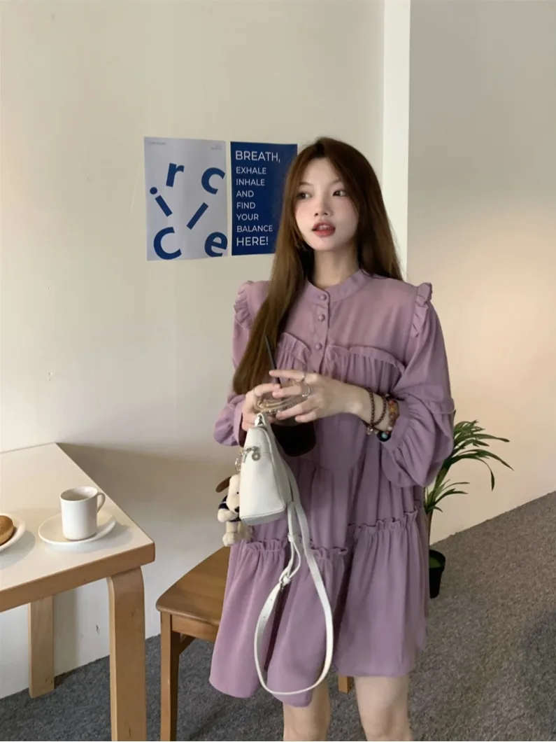 

Commuter casual gentle wind wide version of the small stand-up collar long-sleeved Yankee toothpick wrinkled cake skirt dresses