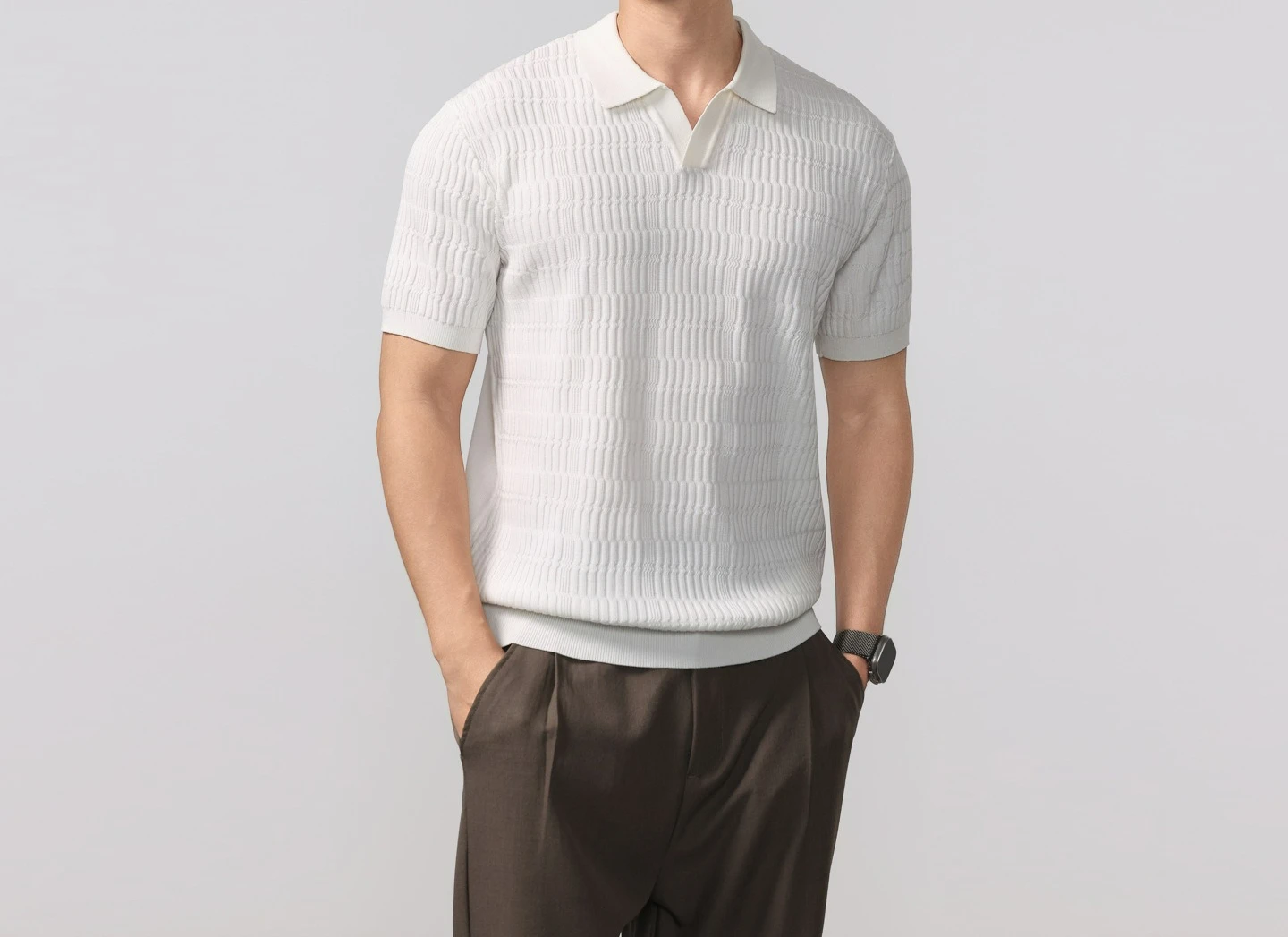 Textured Pit Strip Knitted POLO Shirt Casual Versatile Solid Color Short-sleeved Sweater Collar