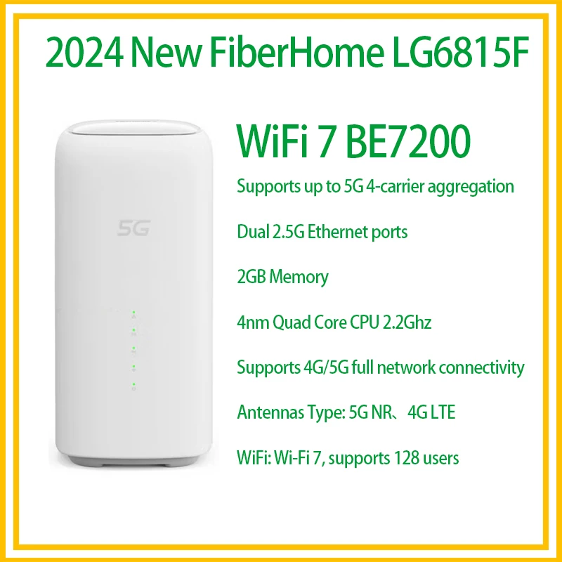 FiberHome 5G CPE Pro LG6851F BE7200 WiFi 7 Router NFC Dual 2.5G Ethernet Ports Quad-Core CPU 5G 4G LTE Cat19 Sim Wireless Modem