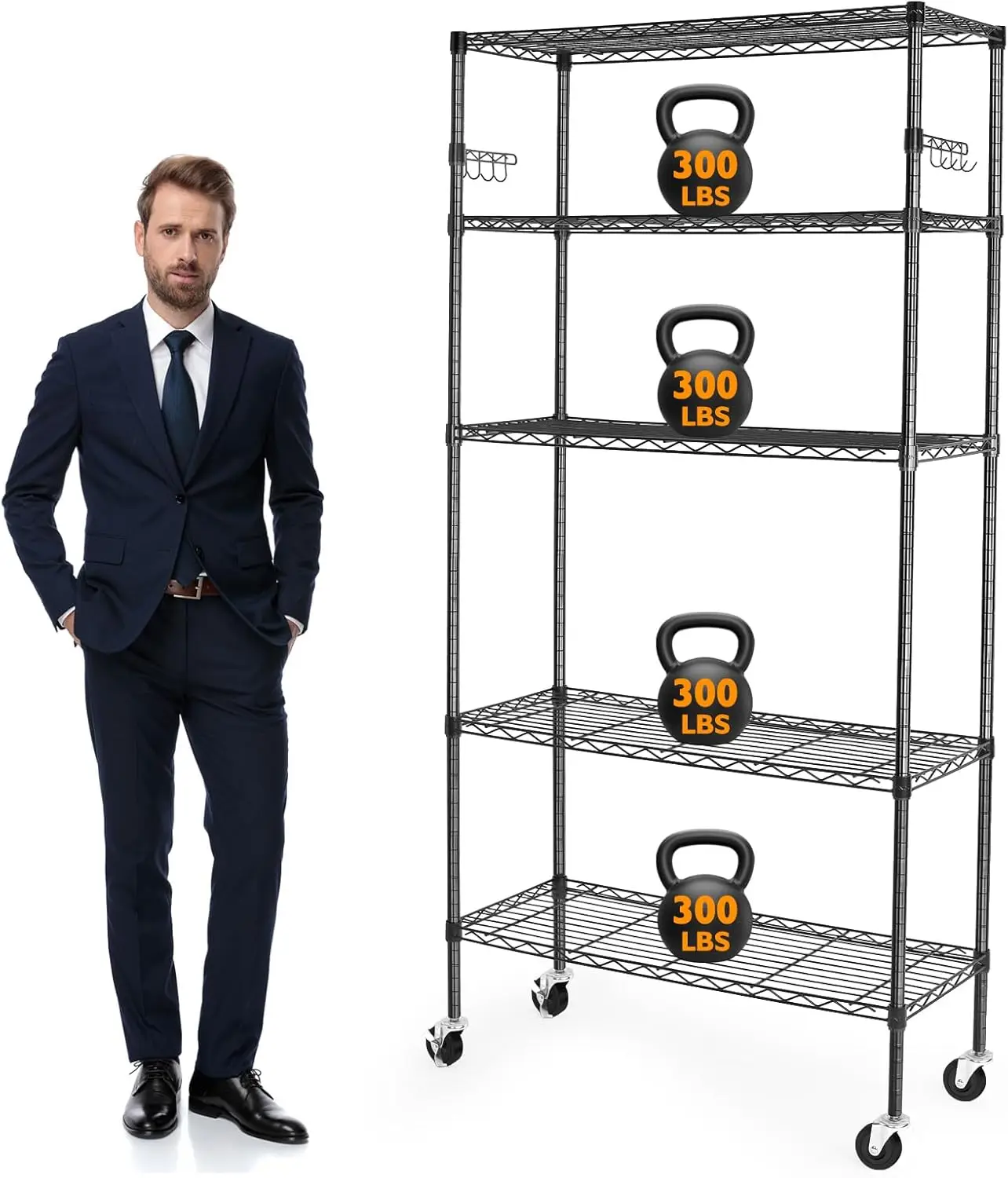 

5 Tier Storage Shelves with Wheels, 1750lbs Capacity Heavy Duty Shelving Units, 14x36x75inch Adjustable Metal Shelf Wire Shelvin