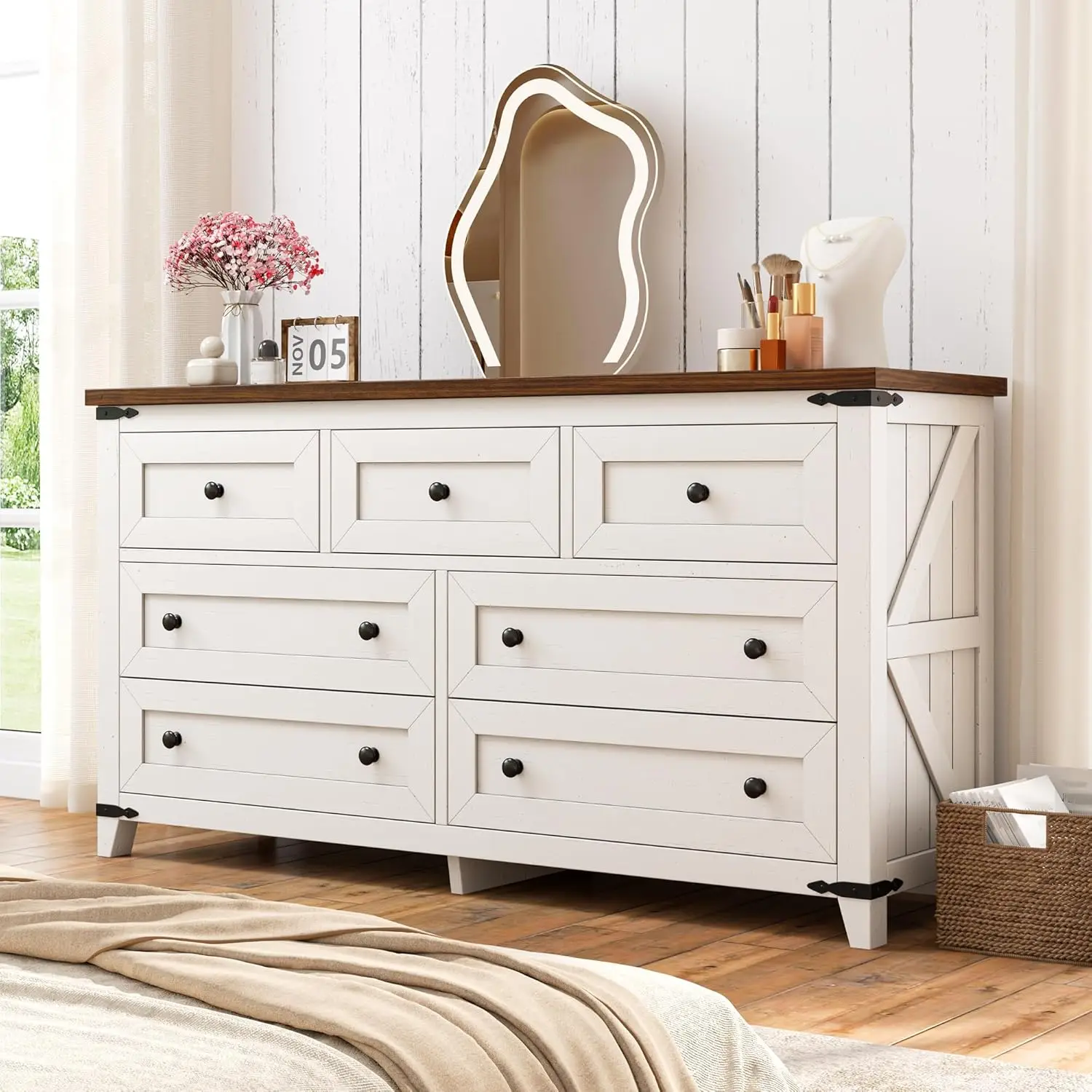 Antique White 7 Drawer Wood Dresser with Texture for Bedroom, Hallway, Closet - 51\
