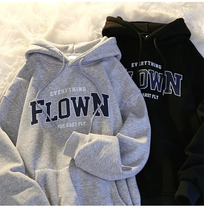FLOWN Letter Printed Hoodies Men/Women Casual Fashion Hooded Shirt Long Sleeves Pullover Sweatshirts Oversized Unisex Clothing