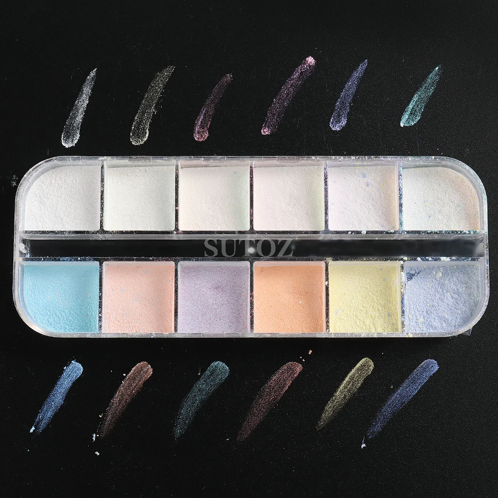 12Grids Aurora Chrome Nail Powder Iridescent Glitter Metallic Mirror Effect for Nails Pearl Rubbing Dust Manicure Pigment GLAMJF