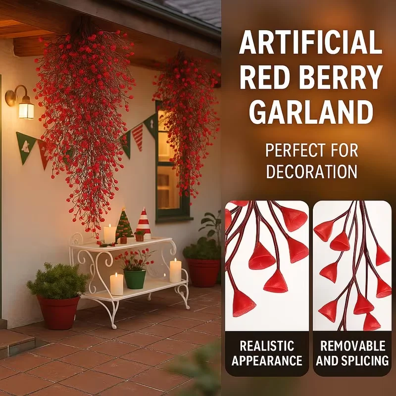 1 قطعة مجموعة إكليل الزهور الاصطناعية البونسيتة الحمراء الواقعية والجرس الذهبي الصفصاف الكرمة مع أوراق الشجر الخضراء اليدوية المظهر واقعية #1