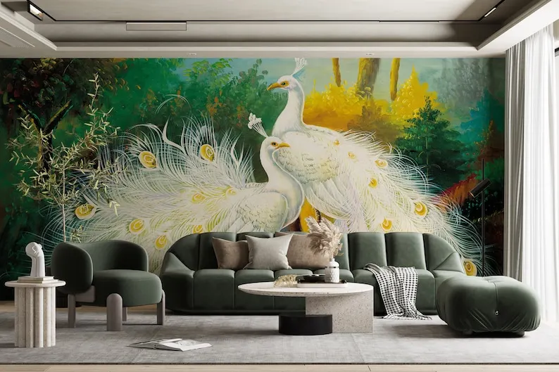 Elegant Watercolor Peacock Self Adhesive Wallpaper, Tropical Forest Peacocks Easy Removable Wall Mural, Chinoiserie Peacocks Pee