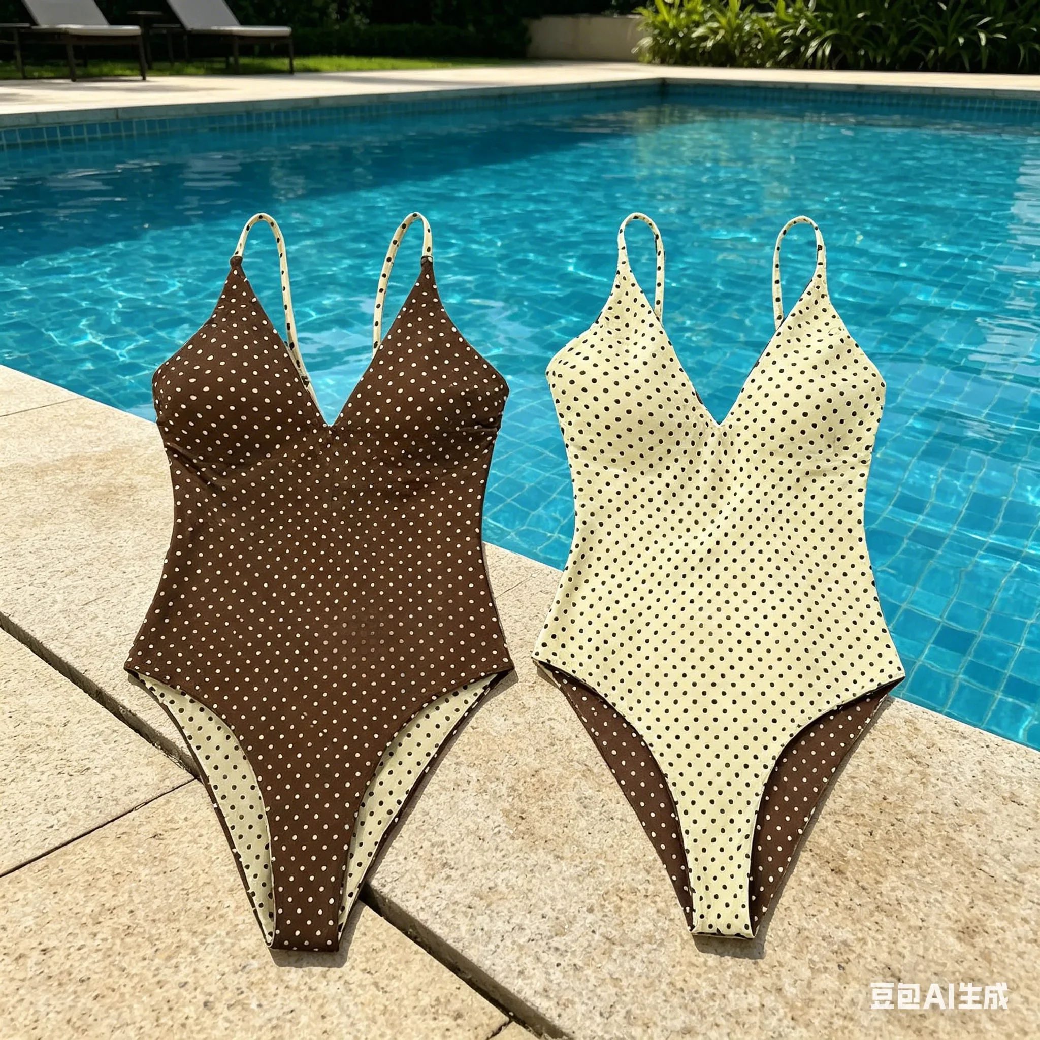 1pc Bathing Suit European/American Style Polka Dot Halter One-piece-Swimsuit Belly Covering Bikini Beach Hot Spring Swimsuit