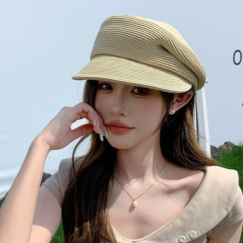New French-Style Minimalist Straw Baseball Cap for Women—Spring/Summer Sun Protection and Shade, Wide-Brimmed Newsboy Cap