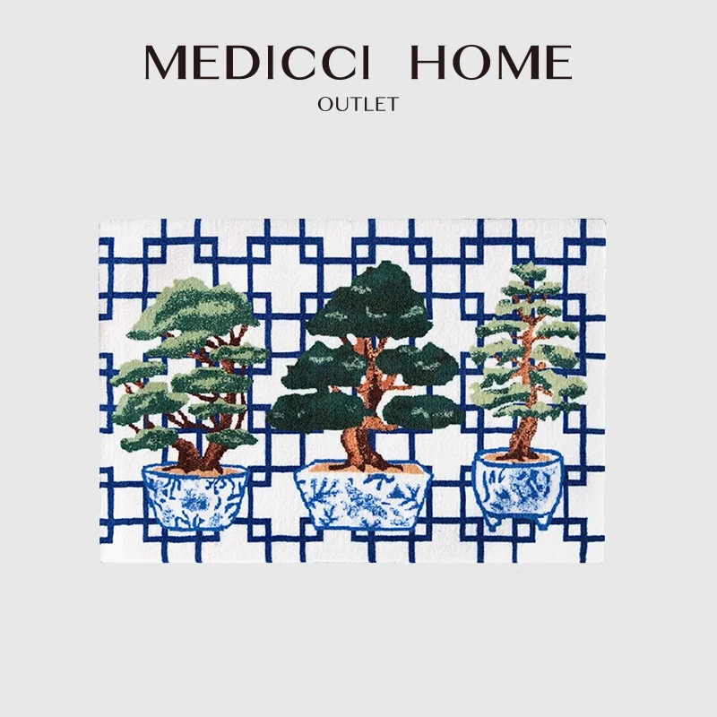 Medicci Home Beautiful Japanese Bonsai Trio Carpet Luxe Wool Blend Hooked Accent Rug Entraway Door Mat For Villa Hotel Courtyard