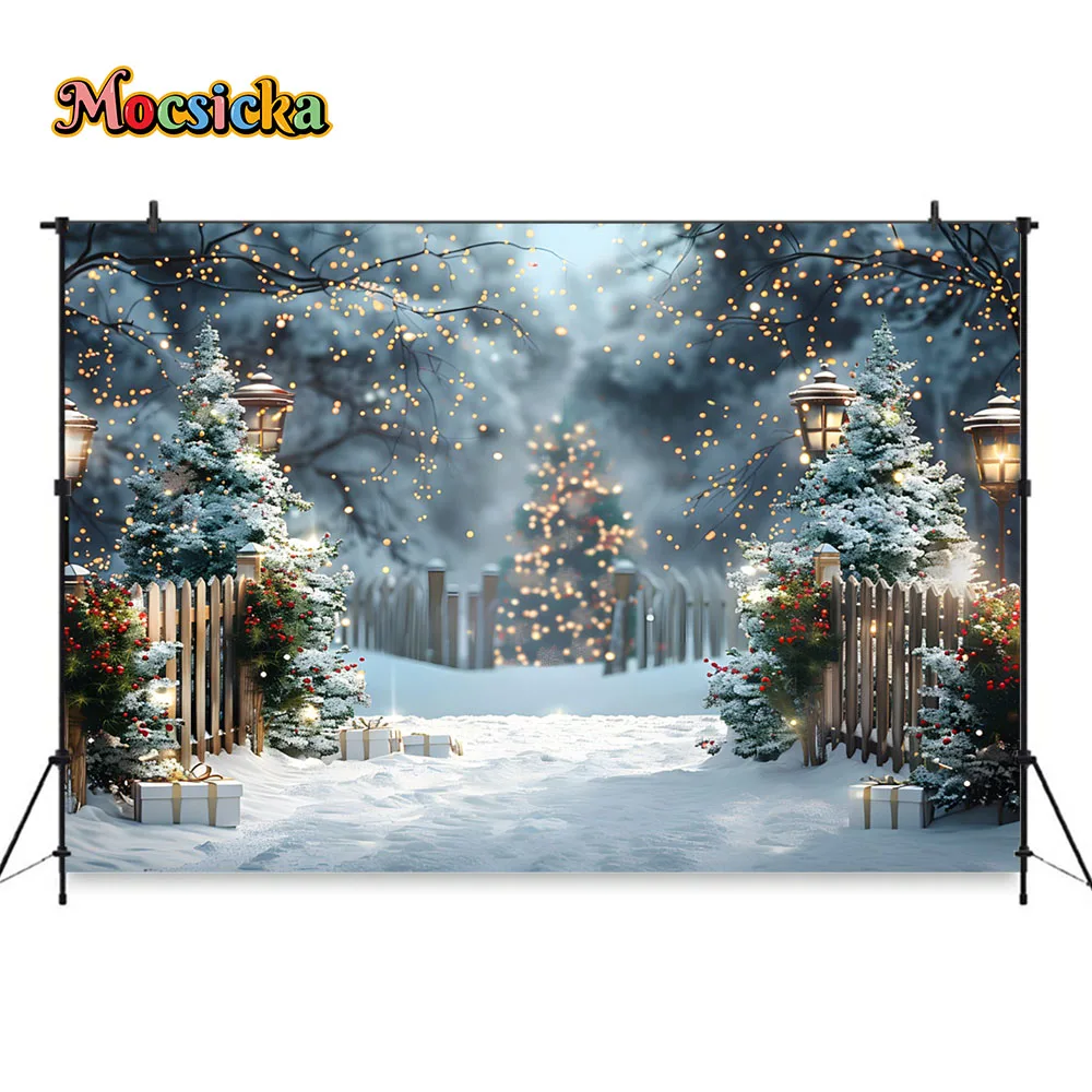 Christmas Photography Background Snowy Street Lights Xmas Pine Tree Background Shining Lights Decor Winter Kids Portrait Studio